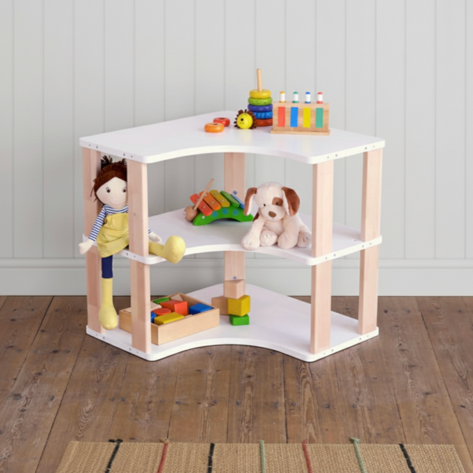 Close-up of Roomix Montessori corner shelves highlighting smooth finish and sturdy construction for child safety